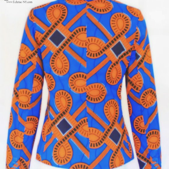 NWT Geometric African Print Blazer - B1473 Blue & Orange - Picture 3 of 4